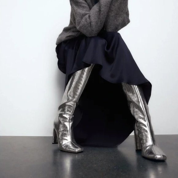 BLOGGER'S FAVE! Zara Embossed Square Toe High Heel Knee High Boots Silver NWT - Picture 16 of 17